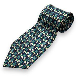 En Soie Paris Mens Blue Multi Colored Equestrian Patterned Silk Tie Rare 57 inch